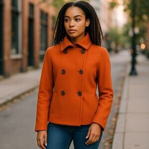 Akris Punto Womens Coat Size 10 Orange Wool Angora Peacoat Double Breasted